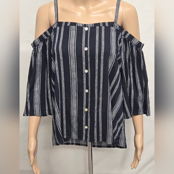 Bobeau M Off The Shoulder Top Rayon Short Sleeve Blue White Stripes - Picture 1 of 5